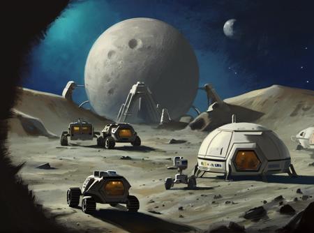 A sci-fi space biodome on the moon, craters in the background, moon rovers and space vehicles, (Civ6BG painting style) <lora:Civ6BG-000009:1>