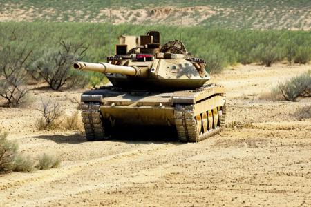 tank, 1tank. (desert background), sand,  full view, red lights., city street. close view, 3/4 side view