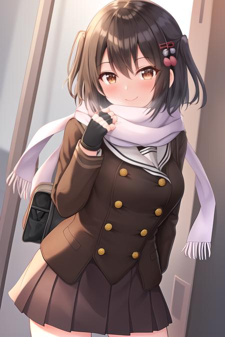 masterpiece, best quality, highres, solo, {sendai_kantaicollection:1.10}, two_side_up, brown_eyes, short_hair, brown_hair, hair_ornament, bangs, smile, serafuku, blush, black_hair, 1girl, elbow_gloves, fingerless_gloves, gloves, scarf, school_uniform, white_scarf, looking_at_viewer, skirt, buttons, double-breasted