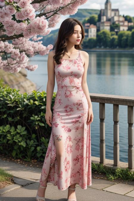 1woman, cute, beautiful, realistic, scenic view from Europe, full body shot
<lora:Floral_Print_Long_Dress_By_Stable_Yogi:1> pink floral print, long dress