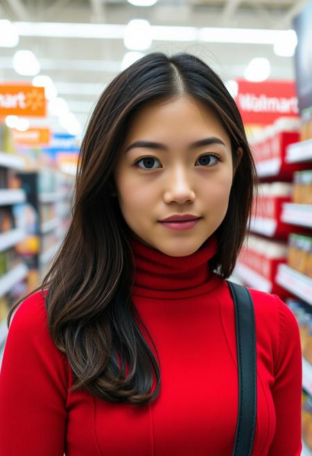 The image is a close-up portrait of a young woman pokimane, wearing a red turtleneck dress. She has dark brown hair and brown eyes. She is in walmart, Pokimane