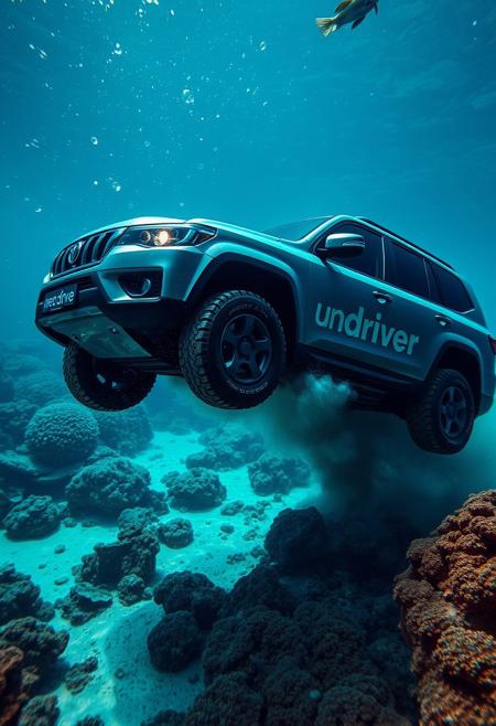 a sunken SUV car is driving on the ocean floor, small air bubbles are coming from the car, dust from the ocean floor is coming from the wheels, there are many corals under the water, beautiful lighting, big text on car body "under drive"