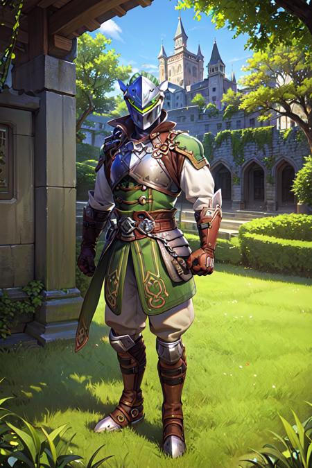 royalgenji, solo, armor, gloves, helmet, boots, standing, green grass field, castle in background, sunllight, deep colors, best quality, <lora:genji:0.7>