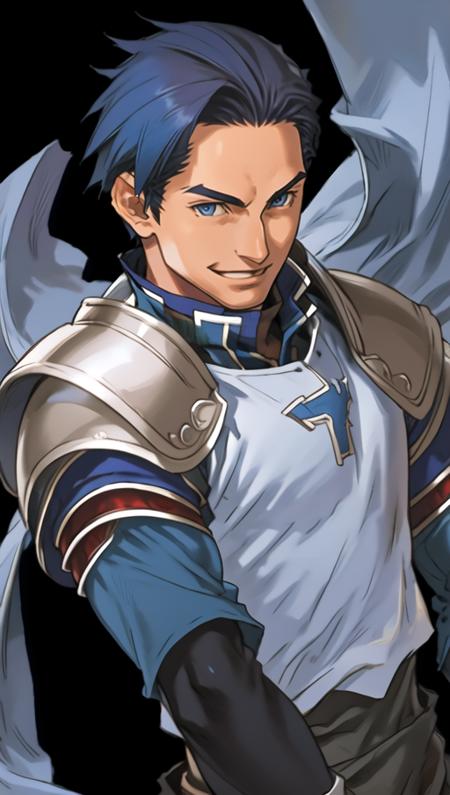 solo, 1boy, male focus, solo, all back hair, forehead, very short hair, blue hair, upper body, smile, blue eyes, armor, short sleeves, black gloves,<lora:gagharv:1>