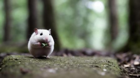 high quality, hamster standing on two feet looking happy,  forest, dramatic atmosphere, centred, rule of thirds, depth of field