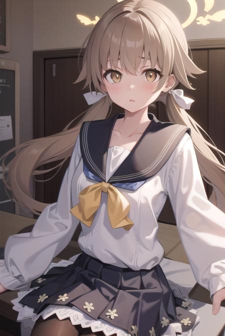 bluearchivehifumi, <lora:bluearchivehifumi-lora-nochekaiser:1>, 
hifumi, brown hair, hair between eyes, hair bow, hair ribbon, halo, long hair, low twintails, sidelocks, twintails, wing hair ornament, (brown eyes:1.5), (flat chest:1.),
BREAK black pantyhose, black skirt, long sleeves, pantyhose, pleated skirt, ribbon, school uniform, serafuku, skirt,
BREAK looking at viewer, 
BREAK indoors, classroom,
BREAK <lyco:GoodHands-beta2:1>, (masterpiece:1.2), best quality, high resolution, unity 8k wallpaper, (illustration:0.8), (beautiful detailed eyes:1.6), extremely detailed face, perfect lighting, extremely detailed CG, (perfect hands, perfect anatomy),