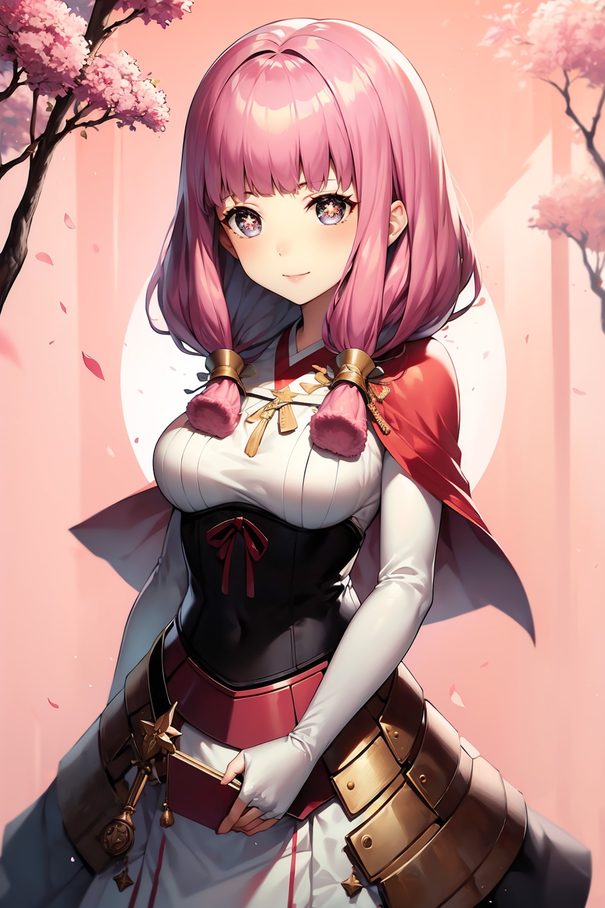 masterpiece, best quality, mitama, pink hair, star-shaped pupils, hair ornament, capelet, armored dress, standing, cherry ...