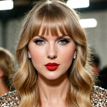 paparazzi photography  of of taylor swift, <lora:TaylorSwift_SDXL_FULLB16:0.93> eyeliner, eyeshadow, long eyelashes, mascara, red lips, long blonde hair with fringe,   shot on Diana F+ high key lighting, in a warehouse, upper body, Fog , Hands By the Mouth Tunic,