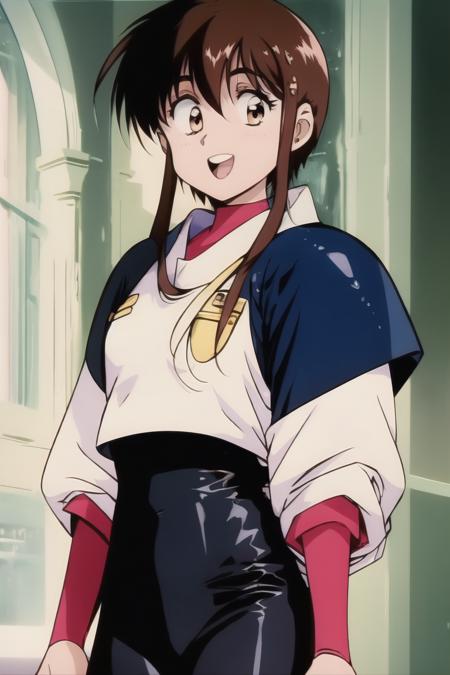 masterpiece, best quality,highres 
BREAK 
tita, (1girl), (solo), brown hair, short hair, short hair with long locks, brown eyes, small breasts, 1990s \(style\), retro artstyle 
BREAK 
happy, smile, :d 
BREAK 
uniform,white uniform,black bodysuit 
BREAK 
cowboy shot, looking at viewer <lora:tita_plastic_little_v7:1>