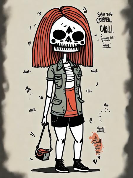 <lora:GemmaCorrell:1>skull woman shorts character design by Gemma correll