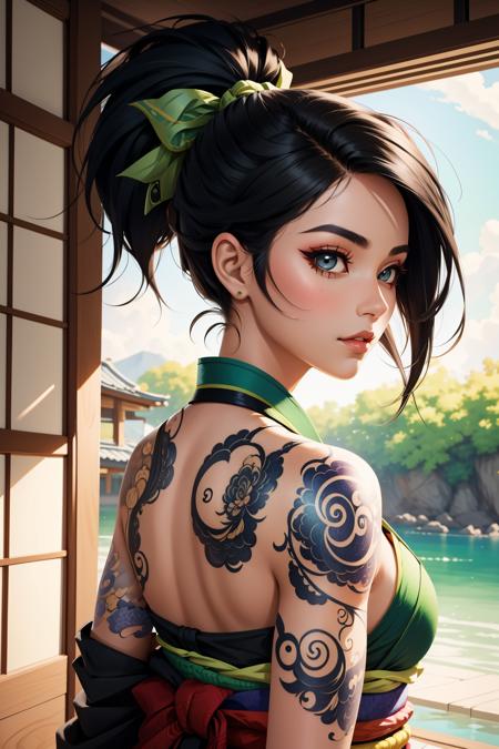 akali, 1girl, crop top, pants, hair ribbon, bare shoulders, ponytail, tattoo, black hair mouth mask