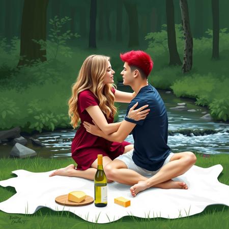 abstract modern art image of a couple sitting in tantra position and embracing each other and starting into each other eyes. by a small stream in a green forest. girl has long wavy blond hair, wearing dark red cotton dress. the boy has very short hair dyed scarlet red on top, white shorts and a dark blue tshirt. they are both sitting on a white picnic sheet with a bottle of white wine and some cheese.