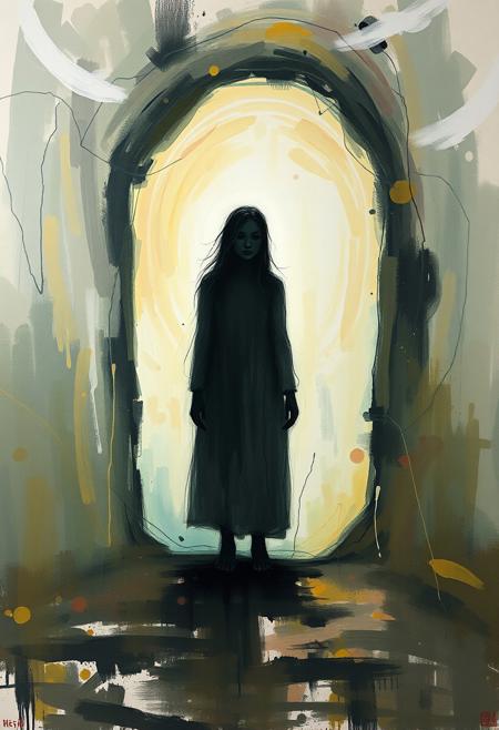 A mystical figure standing at the entrance of a dreamlike portal, expressive portraiture, painterly abstraction, emotional realism, fauvist color palette, gestural brushwork, rural symbolism, psychological atmosphere, simplified forms, muted and vibrant tones, introspective figures, spontaneous composition, contemporary expressionism, pastoral themes, intuitive linework, minimal background detail, spiritual undertones, dreamlike distortion, narrative ambiguity, human vulnerability, poetic emotion