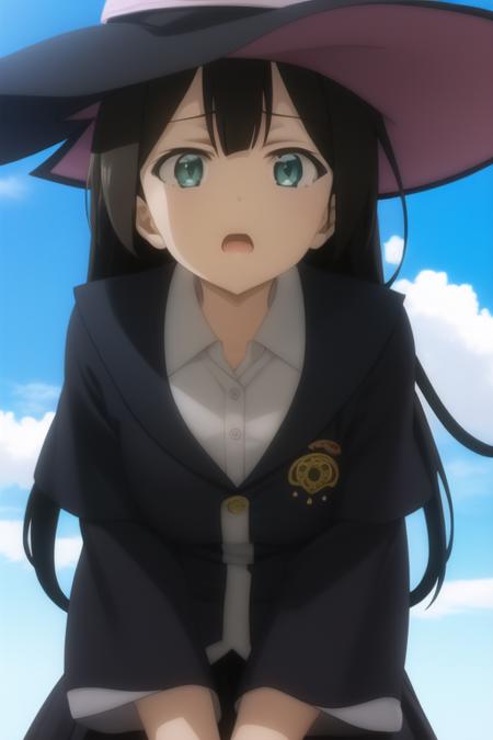 masterpiece, best quality, 1girl, saya \(majo no tabitabi\), witch hat, sky, blue sky, open mouth