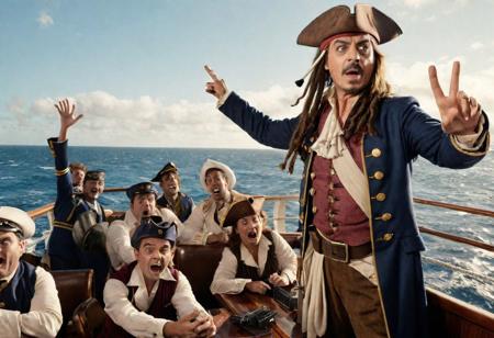 Johnny Depp dressed as Captain Jack Sparrow taking a selfie with 
Rowan Atkinson dressed as Mr Bean on the board of a sinking ship, in the background you can see the sailors yelling and screaming , realistic, complementary colors . octane render, highly detailed, volumetric, dramatic lighting