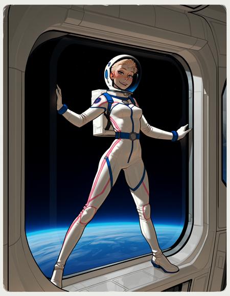 IllustriousQual, detailed face,
tall woman, solo, very short blonde hair, pixie cut, small breasts, long legs, mischievous smile,
wearing a spacesuit and helmet, 
on a space station, posing in an airlock, view of blue planet out of window,
<lora:incaseIllustrious:0.8> incase style,