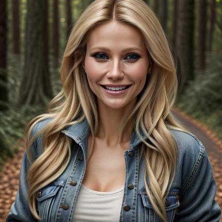 picture, best quality, a woman in the forest, photo of beautiful GP<lora:GP:1.0>, long hair, makeup, looking at viewer, smile, blue eyes, blonde hair, wearing jeans and jacket, lips, teeth, realistic