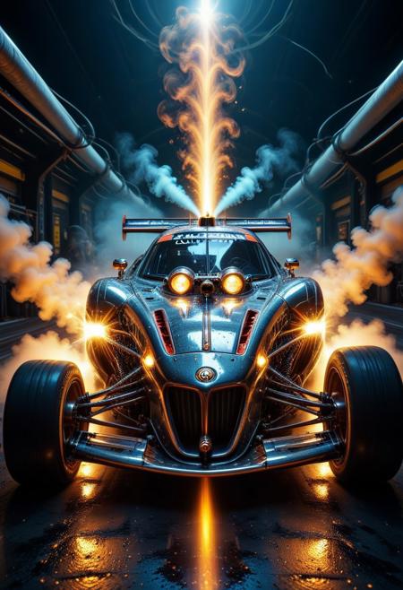 qu4ntum, photo, realistic, closeup, quantum punk race car, urban track, polished metal, steam, pumps, piping, outdoors, dramatic lighting, lens flare, reflections, cinematic lighting, volumetric lighting, masterpiece, best quality, master aesthetic, maximum detailed, absurdres, bokeh, film grain, aidmaImageUpgrader, smoke,
