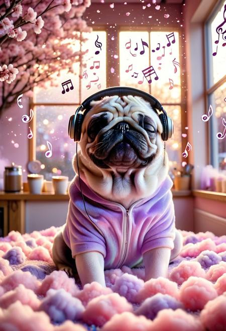 lazypos, cottoncandy
a cotton candy pug with closed eyes, wearing wireless headphones, immersed in rhythmic melodies, soft smile of euphoria illuminating his face, surrounded by floating musical notes and cherry blossom petals, warm golden hour lighting with bokeh effects, pastel color palette of blush pink and pastel purple, healing atmosphere with glowing particles, dynamic composition with flowing hair strands, cozy coffee shop background with sunlight streaming through windows ,emotional resonance of musical therapy