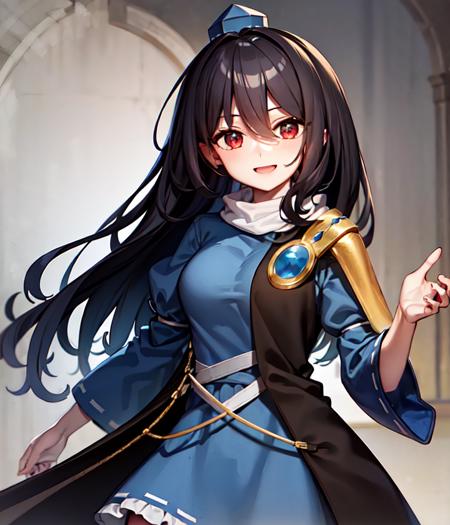 Iizunamaru Megumu, blue tokin hat, white circle scarf, blue dress, golden pauldron, black cape <lora:Iizunamaru_Megumu:0.9>