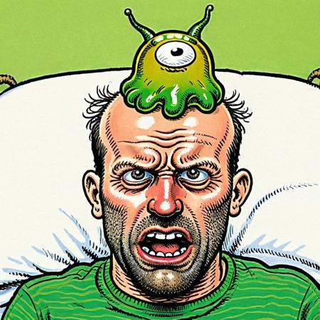 cartoon sketch in (rcrumb:1.2) style,  Jason Statham   ,  dumbfounded,
person wearing jello green  (brainslug alien hat:1.2) on head, candid pose,   (cross-eyed:1.5), round iris, stressing face, 
Charming bed & breakfast  , 
 <lora:BrainSlug_Alien_Hat_XL_V2.2:0.85>  <lora:RCrumb_Style_XL_LyCoris_v1.5.2:0.65>