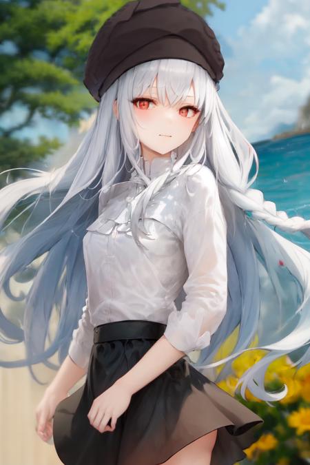 masterpiece, best quality, luciela, black winter hat, black skirt, upper body, side braids, sea, depth of field, impressionism, chromatic aberration, walking,