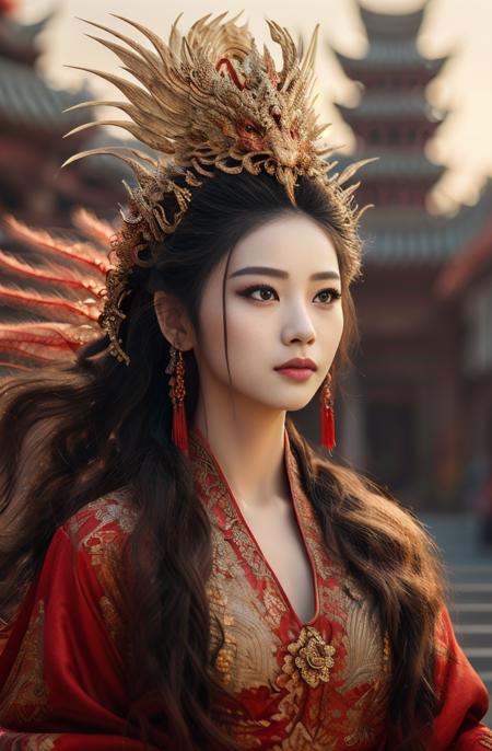 8K ,((masterpiece)),((highly detailed)),realistic, (masterpiece, top quality, best quality, official art, beautiful and aesthetic:1.3),
1girl, Chinese ancient-style beauty,((an extremely delicate and beautiful)), queen,(((detailed head))), (((facial close-up))), wearing a ((red dragon-phoenix gown)), with a( bell tower) background, bright eyes, (detailed face, detailed eyes), looking to the side,slight depth of field,