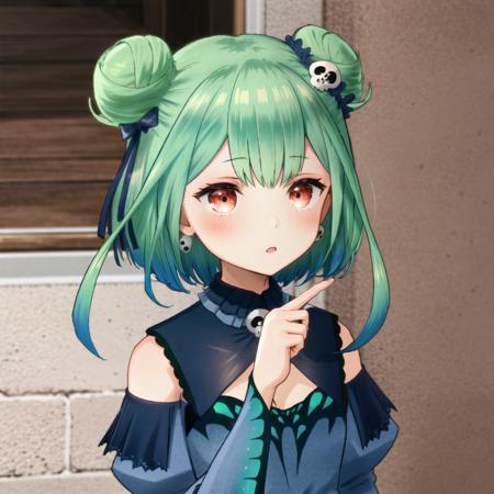 <lora:testbluerushia2_3:1>,  bluerushia, green hair, double bun, short hair, blue bow, skull hair ornament,