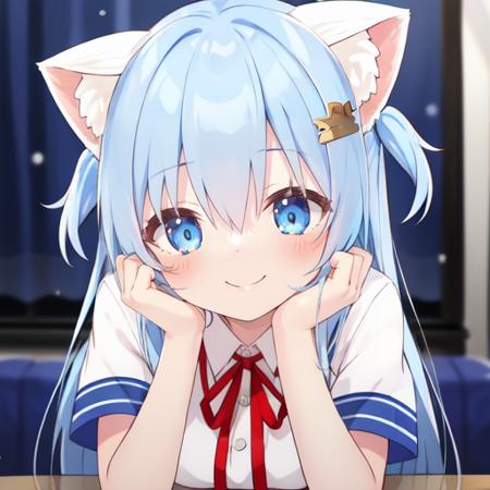 <lora:super-jiamiaoersanshi-v1:0.85>,nekobohe, blue eyes, animal ears, smile, cat ears, solo, blue hair, hair ornament, long hair, looking at viewer, two side up, virtual youtuber, blush, ribbon, bangs, animal ear fluff, shirt, head rest, short sleeves, hairclip