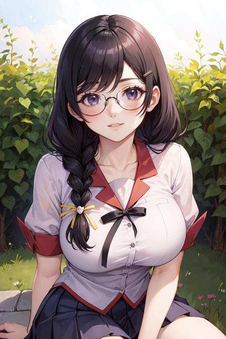 masterpiece, best quality, ultra-detailed, glowing light, (detailed background, complex background:1.2), (perfect face, detailed face), (mature female, milf:1.4), light smile, parted lips, thighs, full-face blush, 
<lora:hanekawa_tsubasa:0.8> 1girl, glasses, braid, long hair, hanekawa_tsubasa, hairclip, large breasts, hair ornament, twin braids, school uniform, naoetsu high school uniform, looking at viewer, skirt, underwear, shirt, black hair, 
(garden, outdoors, sitting)