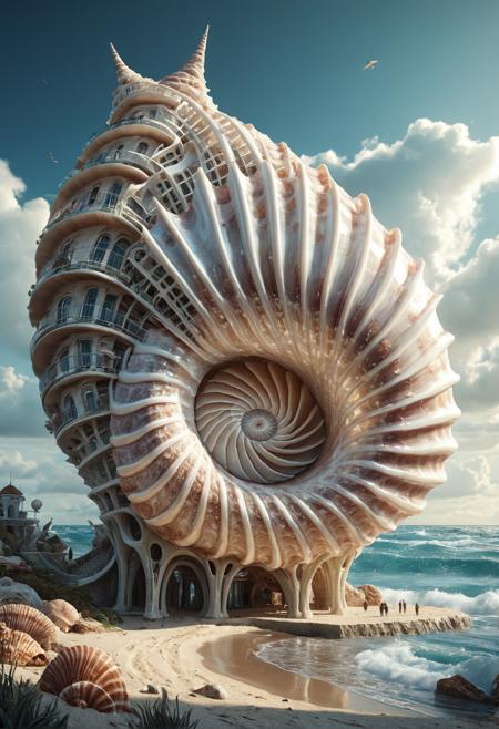 A surreal architectural structure built from a giant seashell, resembling a massive conch, intricate spiral design, smooth nacre textures, blending natural oceanic elements with futuristic architecture, situated on a coastal landscape, realistic lighting, high detail, fantasy concept art.