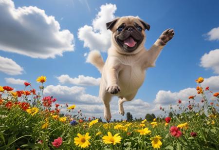 Highly detailed photograph of a pug puppy leaping through the air above a field of colorful flowers. Side view. Floppy ears, big eyes, very cute, very happy, joyful. Blue sky with fluffy clouds. Bright sun, god rays.