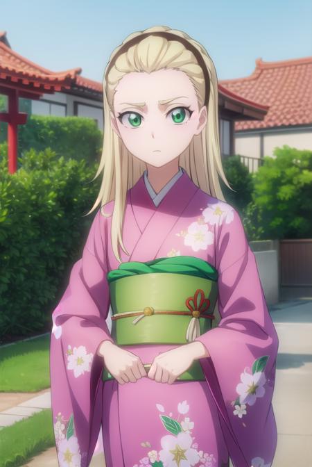 rurichiyokasumioji, <lora:rurichiyokasumioji-lora-nochekaiser:1>, 
rurichiyo kasumioji, long hair, blonde hair, (green eyes:1.5), hairband, hair pulled back, forehead,
BREAK japanese clothes, kimono, sash, obi, floral print, pink kimono,
BREAK outdoors, shrine,
BREAK looking at viewer, (cowboy shot:1.5),
BREAK <lyco:GoodHands-beta2:1>, (masterpiece:1.2), best quality, high resolution, unity 8k wallpaper, (illustration:0.8), (beautiful detailed eyes:1.6), extremely detailed face, perfect lighting, extremely detailed CG, (perfect hands, perfect anatomy),