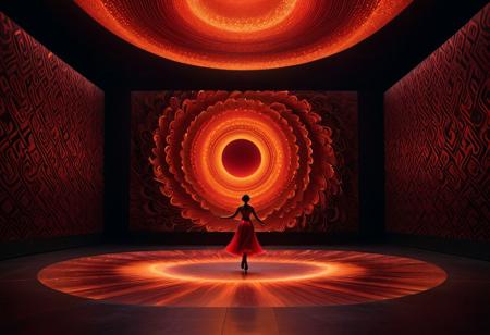 A lone dancer in an impossibly vast space,  nuanced composition, fiery reds, enigmatic aura, chiaroscuro effect, dreamy, hypnotic patterns, cinemascope, hidden figures,intricate background detail, diversity and interconnectedness