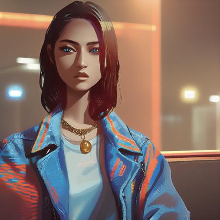 cmodel, digital illustration, bloom, film grain, facing viewer, (mfs:1.5), (best quality, high detail, masterpiece, high quality, streetwear, detailed eyes, beautiful face:1.3), (skinny:1.2), (young female:1.3), city background, smooth, cinematic lighting