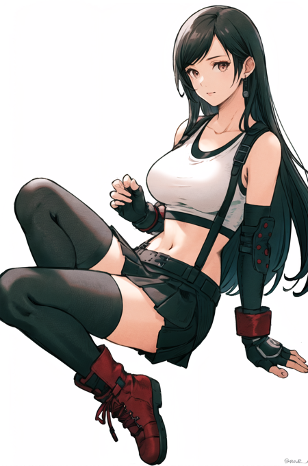 kuroimori, tifa lockhart, 1girl, black hair, black skirt, boots, breasts, crop top, drop earrings, earrings, elbow pads, fingerless gloves, gloves, jewelry, large breasts, long hair, looking at viewer, low-tied long hair, midriff, own hands together, pencil skirt, pleated skirt, red footwear, shirt, sitting, skirt, solo, suspender skirt, suspenders, suspenders gap, swept bangs, tank top, taut clothes, taut shirt, thighhighs, watermark, white background, white tank top, zettai ryouiki, final fantasy vii remake, ((masterpiece)) <lora:kuroimori_offset:1> <lora:tifa_lockhart:0.4>