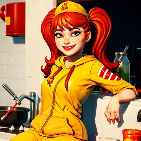 (masterpiece:1.2, best quality), FortniteStyle, 1girl, ronaldchan, red hair, twintails, yellow cap, striped hoodie, (sitting on kitchen counter), smiling, gray eyes, freckles, clown makeup, <lora:Fortnite-000007:0.79>  <lora:McDonaldChan_characeter-20:0.5>