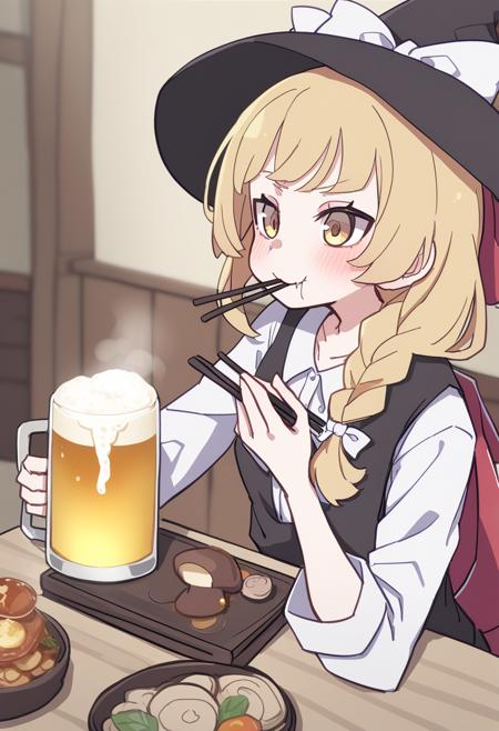 1girl, style:kame \(kamepan44231\), kirisame marisa, touhou, alcohol, beer, beer mug, black headwear, black vest, blonde hair, blush, bow, braid, chopsticks, cup, eating, hat, hat bow, holding, holding chopsticks, long hair, long sleeves, mug, mushroom, shirt, single braid, solo, vest, white bow, white shirt, witch hat, yellow eyes, <lora:Style - kame (kamepan44231) - v2 - bionagato>