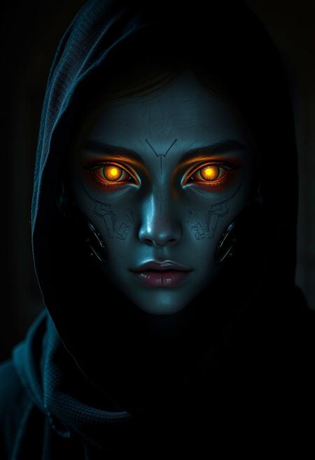 The image depicts a photorealistic portrayal of a young woman humanoid figure with a highly detailed and eerie appearance. The character's face is a blend of human and robotic features, with a smooth, metallic surface covering parts of the skin. Mechanical elements are visible around the eyes and cheeks, hinting at a cybernetic or android identity. The eyes glow bright yellow, emitting an intense, almost otherworldly light, contrasting with the dark, shadowy background.
The figure is dressed in a black hooded cloak, which blends into the dim surroundings, giving the character a mysterious, almost ominous presence. The hood covers much of the head, leaving the illuminated eyes as the most striking feature. The atmosphere is dark, industrial, and dystopian, with subtle texture on the clothing suggesting rough, worn materials. The lighting emphasizes the cold, mechanical aspects of the character’s face, adding to the unsettling yet captivating mood. The attention to detail in the textures of the metal parts and the shadows on the cloak creates an impression of photorealistic precision. (8k, RAW photo, best quality, ultra high res, depth of field:1.1), (absurdres, intricate, photorealistic, masterpiece, ultra-detailed)