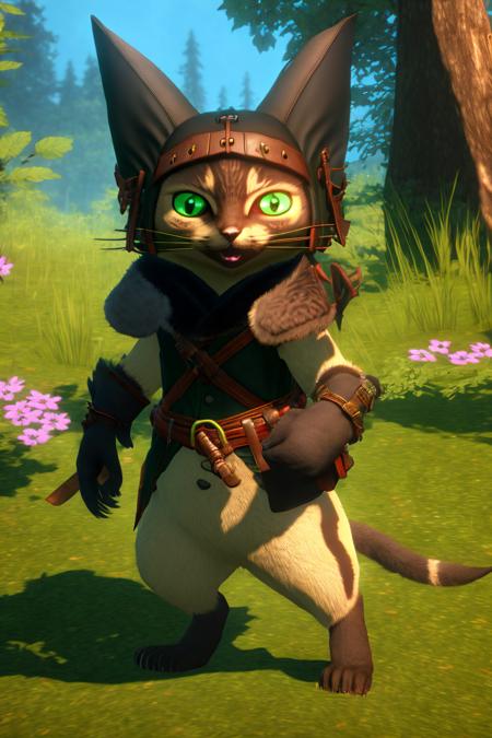 <lora:Race - Palico:1> highres, detailed, soft lighting, forest, palico [monster hunter], furry, cat ears, paw pose, green eyes, red and black fur,