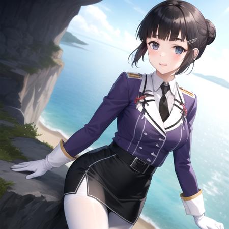 ((masterpiece)),(best quality),official art,extremely detailed CG,unity 8k wallpaper,ultra detailed,A lighthouse on a cliff by the sea,1girl,solo,cowboy shot,myoukou (kantai collection),medium breasts,blunt bangs,black hair,black skirt,hair bun,long sleeves,white pantyhose,pencil skirt,puffy long sleeves,puffy sleeves,looking at viewer,thick eyebrows,military uniform,white gloves,eyebrows visible through hair,high heel boots,purple jacket,hair ornament,hairclip,black necktie,black belt,<lora:Myoukou(kan)>,