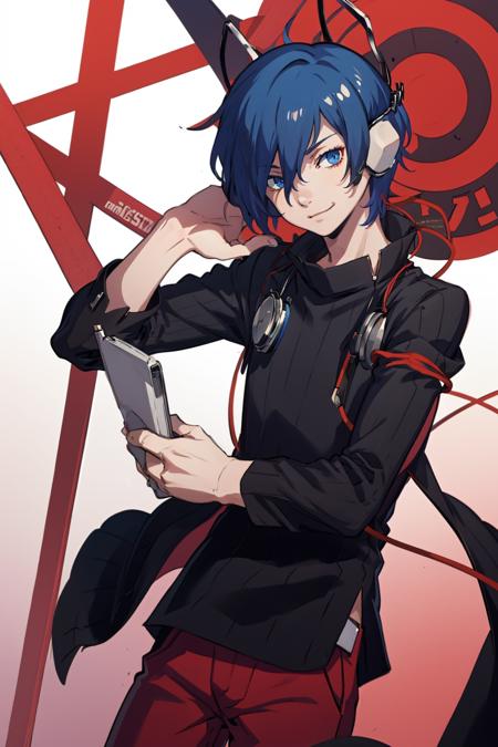 masterpiece, best quality, solo, 1boy, smirk, looking at viewer, <lora:MakotoP3_Fp:1>, makotop3,  <lora:KazuyadesuTest:1>, headphones, ribbed sweater, red pants,black shirt,