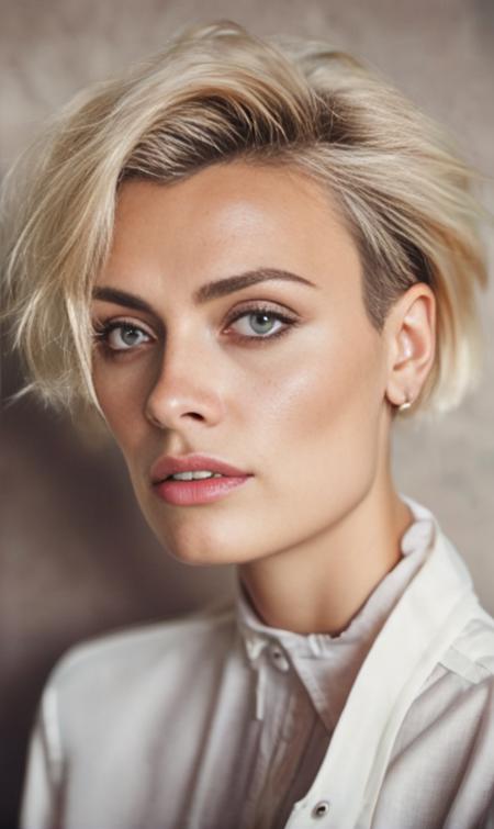 <lora:wallis_day_xl_lora_33:1> wallis day woman, fashion photo, Realistic 8K portrait: A young tomboy, blonde, short hair,  dramatic lighting, cinematic colors; hyper-above