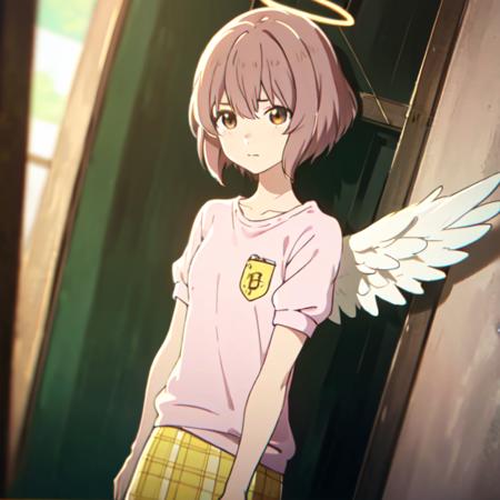 Nishimiya,1girl,solo, angry,upper body,illustration,heaven background,halo, angel wings, serene expression, looking at viewer short hair,brown hair,brown eyes,pink shirt,short sleeves,yellow skirt,best quality,   collarbone, ((cinematic light)), colorful, hyper detail, dramatic light, intricate details, best quality, (wallpaper,, best quality, ultra-detailed, best shadow), (detailed background:1.4), (beautiful detailed face, beautiful detailed eyes), high contrast, (best illumination, an extremely delicate and beautiful),(girl:1.5),  one side up, (caustic)), dynamic angle,beautiful detailed glow, cowboy shot, (illustration:1.1), (perfect details:1.1), landscape, background, rose, abstract, <lora:ShoukoNishimiya :0.8>