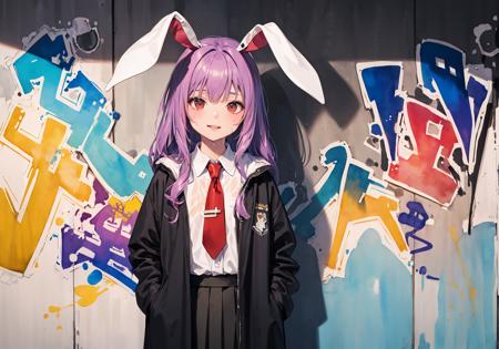 sex,smile,wet,nsfw:0.6,1girl,purple hair,very long hair, rabbit ears, red eyes,black jacket,open jacket,necktie,white shirt,pink skirt,(flat color,graffiti,impasto:1.35),(solo:1.3),(Masterpiece:1.2), (best quality:1.2),(cowboy shot:1.35),(illustration:1.1), detailed, Cinematic light, intricate detail, highres, official art, ultra-detailed, 8k, (masterpiece world theater, textured skin, ambient light, realistic shadows),
(depth of field),(watercolor:1.2),(outline, thick outlines:1.3), <lora:reisen:0.8>