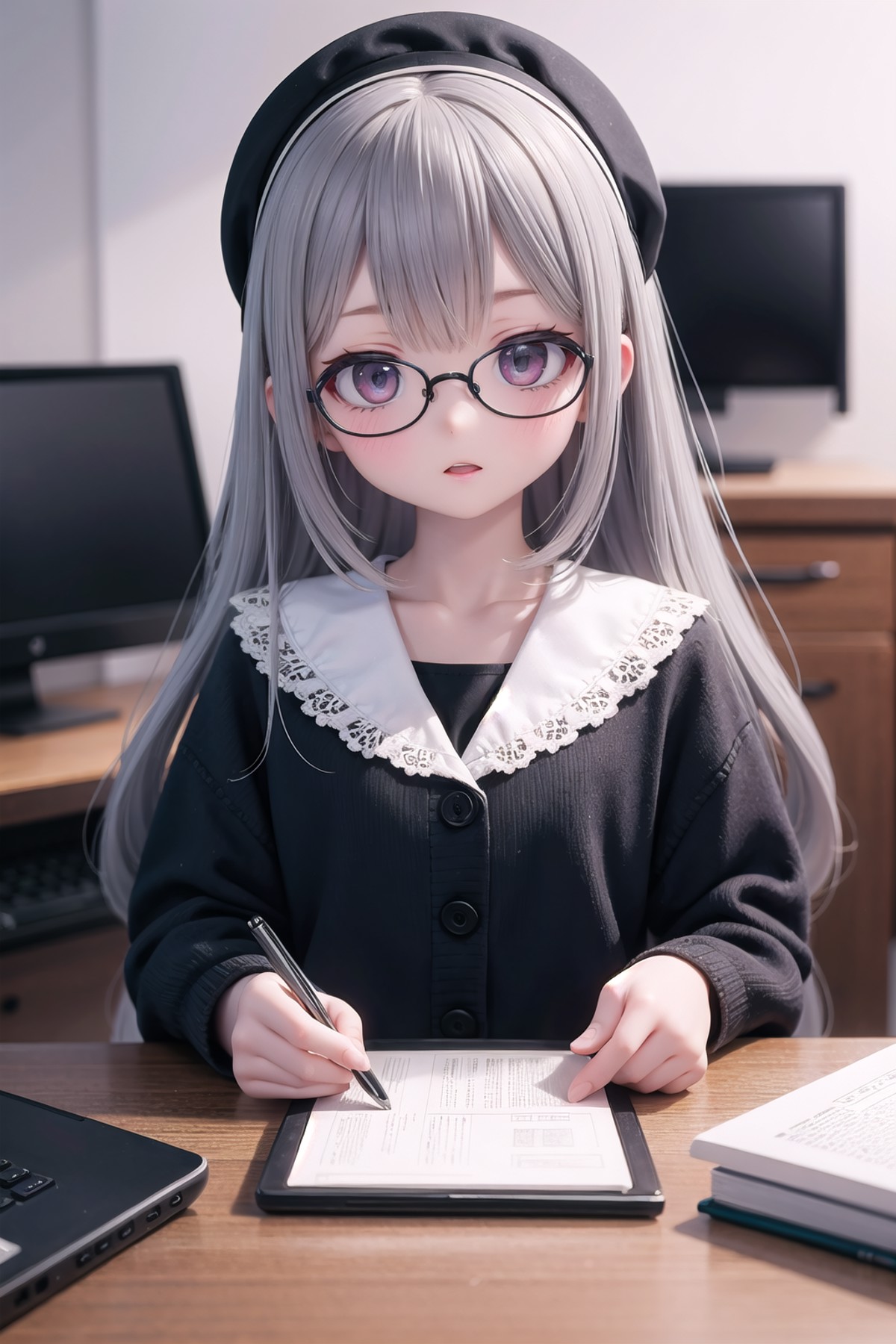 (masterpiece),  1girl,  glasses,  computer