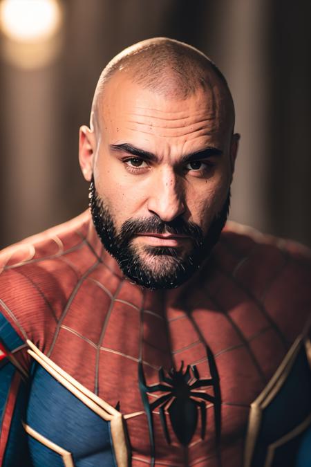 a photo of Jvl14nT1t4n1vm, a man, RAW, close portrait photo, clsoe up shot, bald head, ((spiderman suit)), cosplay, (high detailed skin:1.2), 8k uhd, dslr, soft lighting, high quality, film grain, Fujifilm XT3 sharp focus, f 5.6