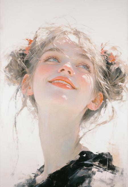 A cherubic 25 year old woman with windblown ash-blonde pigtails and blunt bangs obscuring her brows gazes warmly from an intimate, upward angle, her coral lips parted in a shy, blushing smile. Rendered in oil’s lush impasto with Yoshitomo Nara’s tender whimsy and Monet’s hazy pastels—blush pinks bleed into powder blues across her velveteen cheeks. Diffused light caresses stray gilt hairs framing azure eyes, while faint indigo ink rivulets seep through the ivory backdrop, contrasting the crisp black dress matte folds.