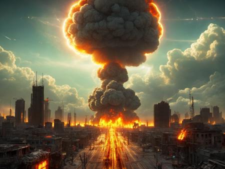 one [giant short very wide mushroom cloud:large illuminated nuclear blast with shockwave:4] by emb-nuke2 in the distance,photo of a filthy post-apocalyptic street, burned-out buildings,abandoned cars, trash on the sidewalk
(highly detailed:1.2),(best quality:1.2),(8k:1.2),sharp focus,(subsurface scattering:1.1),award-winning photograph,professional portrait photography
(very detailed background:1.2),dramatic lighting,35mm,detailed concept art