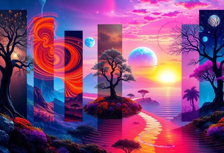 A digital cyberpunk art splash in the style of bo-cyborgsplash, a vibrant and mystical landscape depicted in a series of vertical banners, each featuring a different color palette, the first banner on the left shows a glowing tree with intricate patterns, the second banner features a swirling orange and red design, the third banner features an abstract landscape with a tree in the center, the fourth banner showcases a glowing blue planet in the sky, the fifth banner showcases an otherworldly landscape with distant mountains, the sixth panel showcases a distant landscape with trees and distant structures, the seventh panel showcases an ocean scene, the eighth panel features a mystical tree with vibrant colors, the ninth panel displays a stunning sunset landscape, the final panel features an ethereal landscape with glowing elements, the overall effect is a mesmerizing and captivating image that exudes a sense of otherworldly beauty<lora:boFLUX Cyborgsplash.safetensors:1.0:1.0>